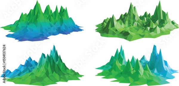 Obraz Low-poly geometric polygonal mountain sets green and blue hues, alpine digital stylized 3D terrains. 