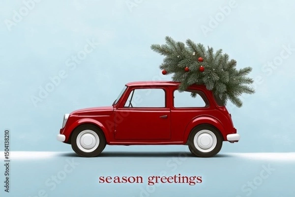 Fototapeta retro red car with a Christmas tree on roof, on blue background with text "Season greetings. 