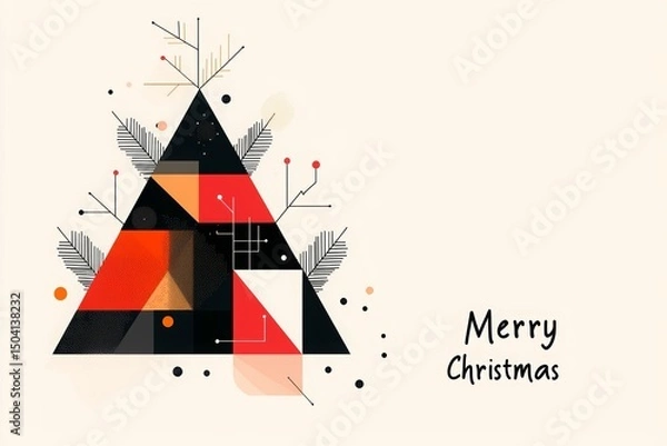 Fototapeta geometric Christmas tree in red, black and white against beige background with text "Merry Christmas" and copy space. Season greetings concept