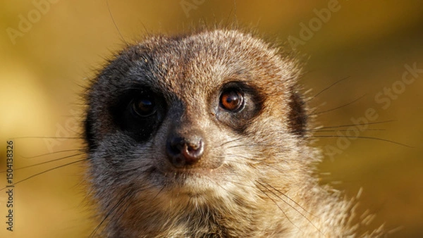 Fototapeta A detailed view of a meerkat's face, highlighting its expressive eyes and textured fur. The natural lighting emphasises the serene and curious essence of this fascinating wildlife creature