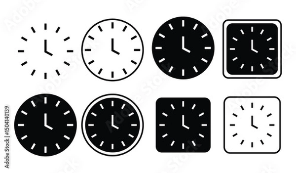Fototapeta Wall Clock Icons. Round and square shaped wall clocks with editable strokes on transparent background.