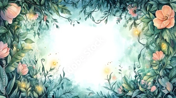 Obraz A fairytale-like watercolor illustration of a rectangular floral frame interwoven with enchanted forest flowers, trailing ivy, and soft glimmers of fireflies, creating a whimsical atmosphere 