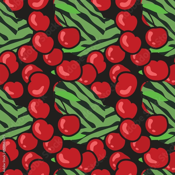 Fototapeta repeated pattern design of cherry and watermelon, vector fruits seamless pattern on black background