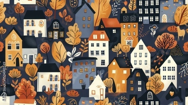 Obraz Autumnal Village Seamless Pattern