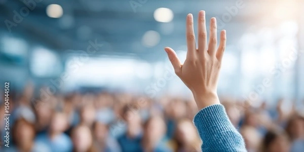 Fototapeta A raised hand in focus at a conference or seminar, with a blurred audience in the background.