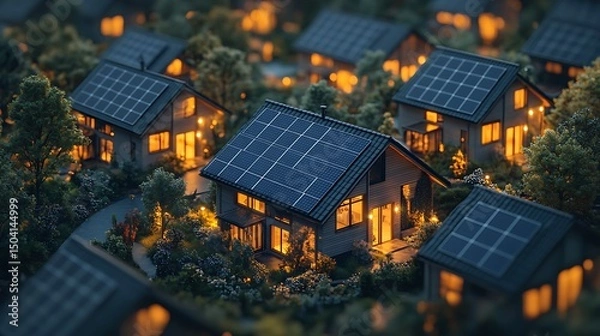 Fototapeta Modern homes powered by solar panels a depiction of renewable energy solutions.