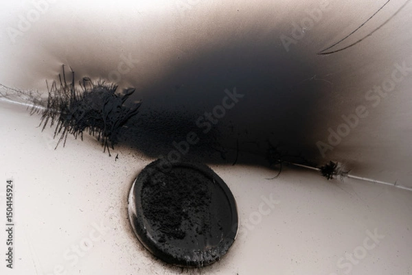 Fototapeta Burnt out LED lamp. A lampshade lamp on the wall after a fire. Spontaneous combustion and fire in a residential building. Indoor light flame