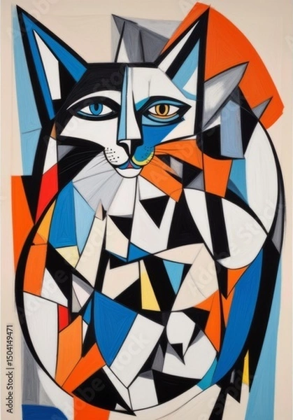 Fototapeta Modern cubist interpretation of a cat's face broken into geometric fragments with orange, blue, and white color blocks creating an abstract feline portrait.
