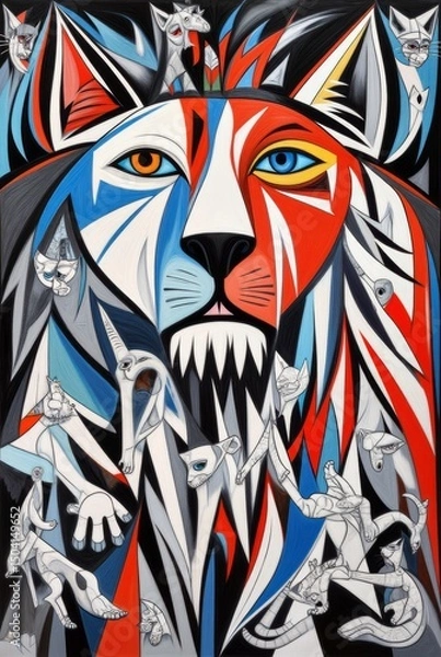Obraz Dynamic cubist artwork depicting a fierce wolf or dog head with bared teeth surrounded by smaller white animal figures in a complex geometric composition.