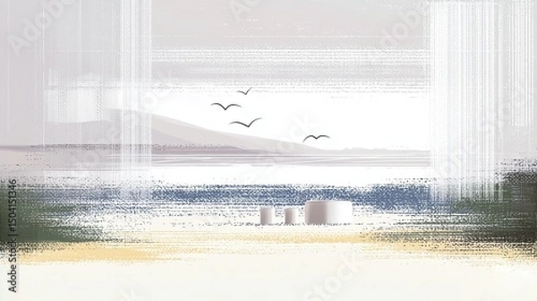 Fototapeta Digital seaside landscape illustrated in a modern pointillist (dot texture) style.