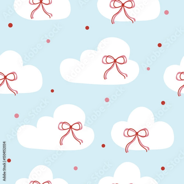 Obraz  bows and clouds  with polka dots in  the sky seamless pattern , vector , illustration
