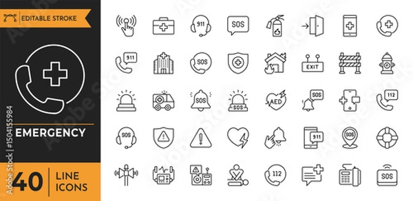 Fototapeta Emergency outline icon set. Containing Evacuation, SOS emergency call, ambulance, help, emergency hotline, exit, and more. editable stroke. Vector illustration