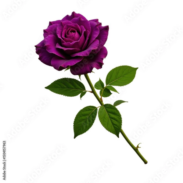 Obraz A deep purple rose with lush green leaves on a stem, set against a transparent background. Perfect for elegant floral designs.