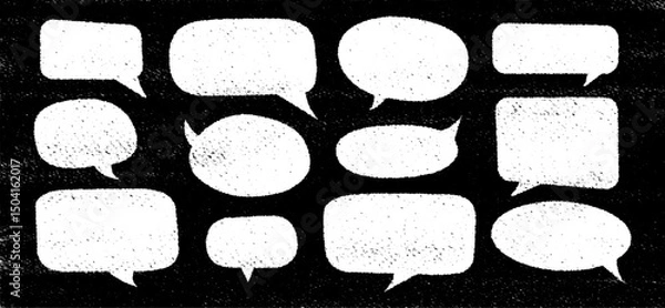 Fototapeta Collection of hand-drawn speech bubbles and text frames with crayon texture. Rough black shapes perfect for comics, notes, stickers, quotes, and creative design projects.