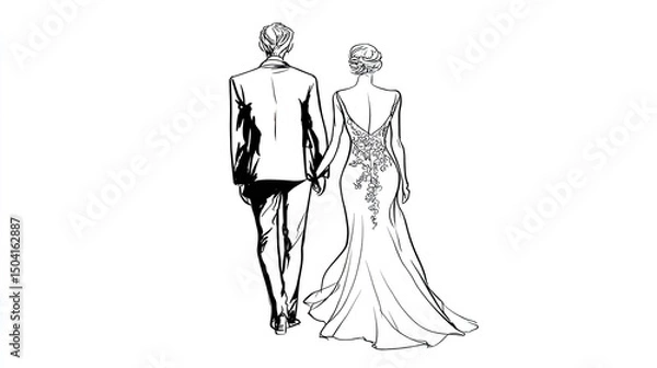 Fototapeta Simple line art drawing of the bride and groom walking away from the camera, white background