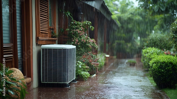 Fototapeta modern air conditioning unit sits on patio during heavy rain, showcasing its durability and functionality in adverse weather