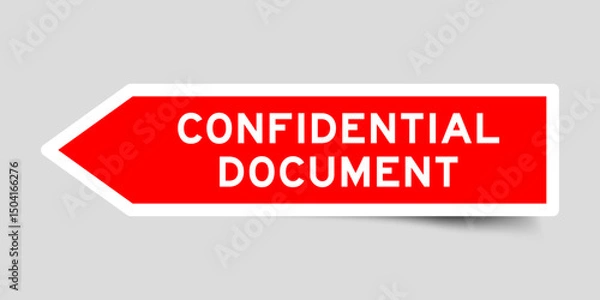 Fototapeta Red color arrow shape sticker label with word confidential document on gray background