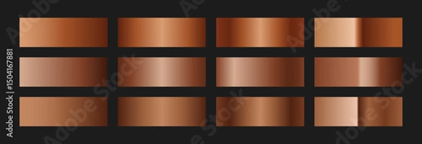 Fototapeta Elegant copper gradient swatches collection. Metallic textures with polished foil shine and satin smooth. Glossy palette for vintage and luxury designs and branding