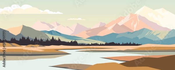 Obraz Steppe mountains and river, vector landscape illustration. Beautiful mountains and amazing steppe with forest and river. River on background of mountains and forest.