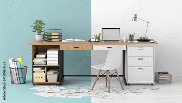 Fototapeta Office desk split into two styles: one messy and chaotic, the other minimalist and clean, concept of productivity and organization