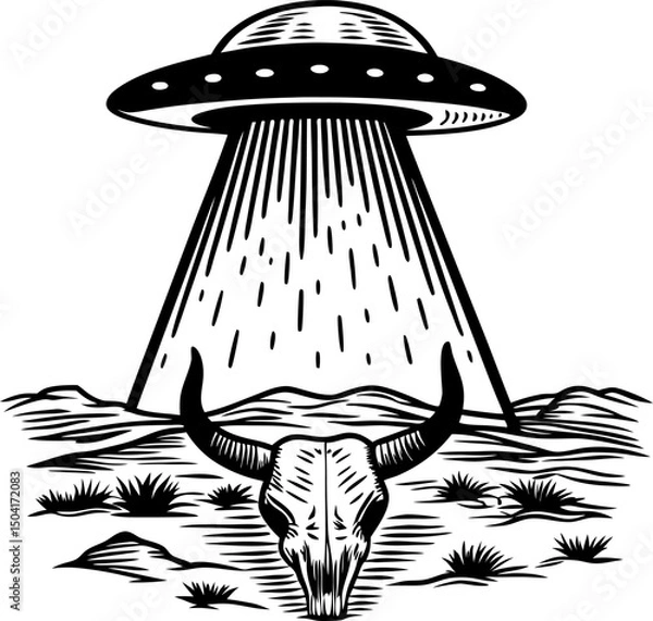 Obraz ufo abducting bison skull in desert landscape mysterious extraterrestrial alien encounter