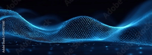 Fototapeta Abstract Blue Digital Wave, Glowing Particle Flow, Technology Background