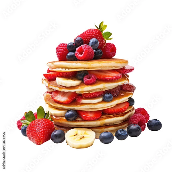 Fototapeta  Pancake Stack with Banana, Strawberry, and Raspberry on Transparent Background