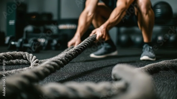 Fototapeta Intense Workout Session with Battle Ropes and Focused Athlete