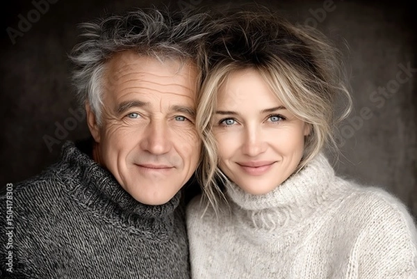 Fototapeta Portrait of a happy couple posing and smiling together indoors
