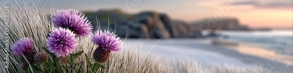 Fototapeta Flowers in Bloom Overlooking the Shore at Dawn