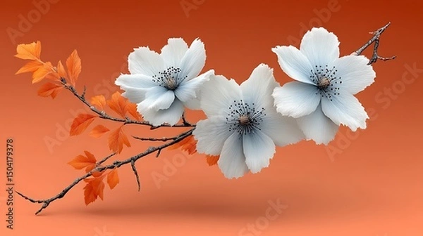 Fototapeta Delicate White Flowers and Orange Leaves on a Branch Against Orange Background