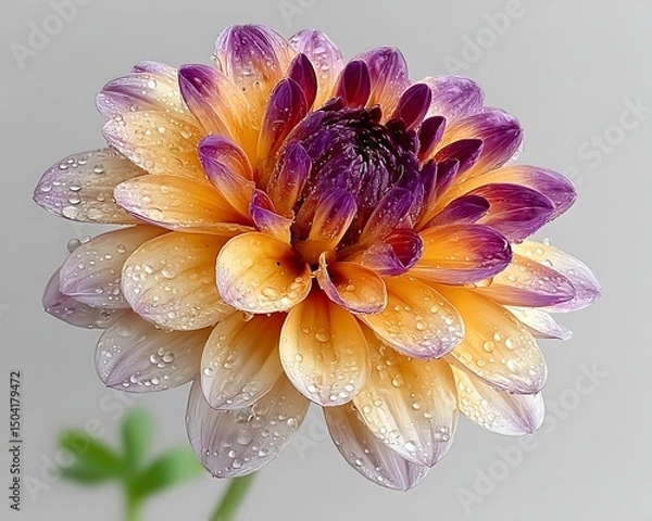 Fototapeta Water Droplets Adorn a Multicolored Dahlia in Exquisite Detail
