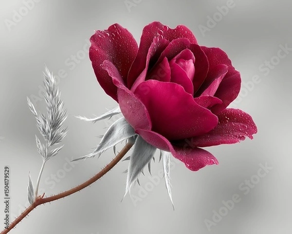 Fototapeta Crimson Rose Petals Covered in Dew Drops with Silver Accent