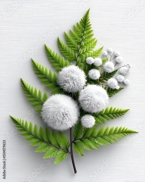 Fototapeta Fern Leaf with Fluffy White Balls on White Wood