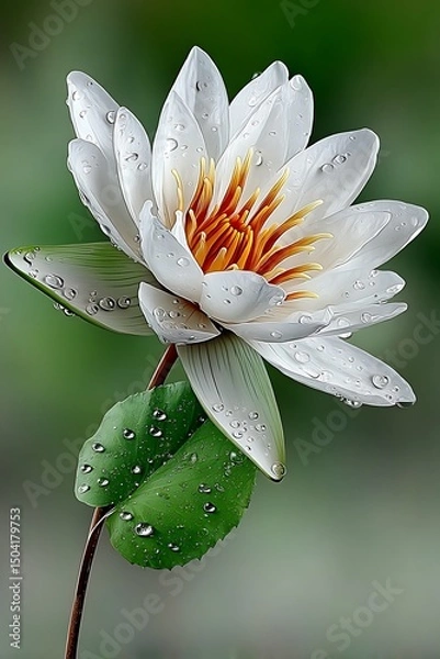 Fototapeta White Water Lily Blossom with Rain Drops on a Green Background