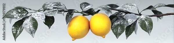 Fototapeta Two Lemons on a Branch with Leaves Covered in White Powder