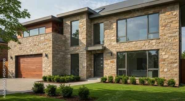 Fototapeta Modern Stone House Exterior - Stunning modern home with stone exterior, large windows, and a wood garage door.Landscaped lawn and shrubs complete the picture