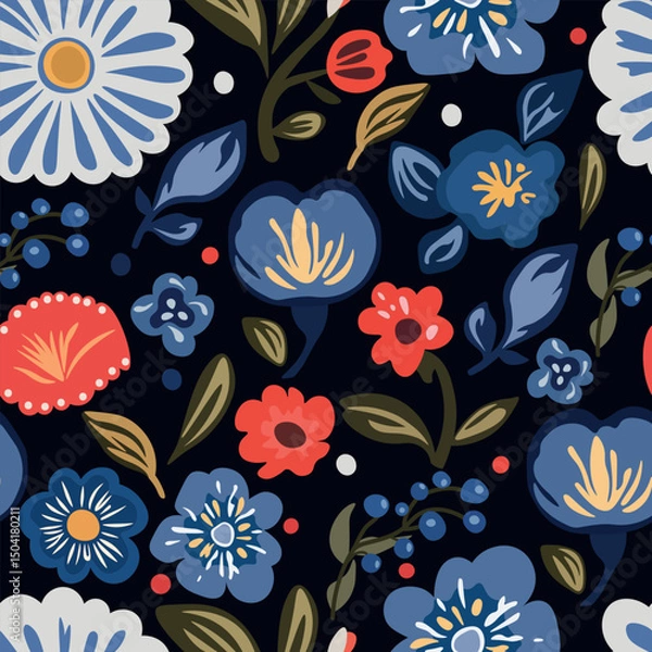 Fototapeta Simple folk art fantasy flower pattern. Hand drawn. Bright garden texture for printing on paper and textiles. Red and blue color scheme on a dark background. For children.