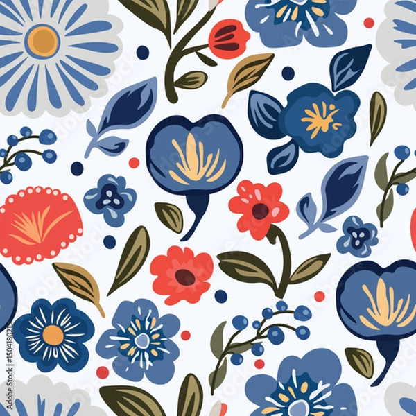 Fototapeta Simple folk art fantasy flower pattern. Hand drawn. Bright garden texture for printing on paper and textiles. Red and blue color scheme on a light background. For children.