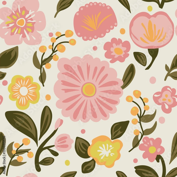 Fototapeta Simple pattern of fantasy flowers. Hand drawn. Bright garden texture for printing on paper and textiles. Pink and yellow color scheme on a light background. For children.