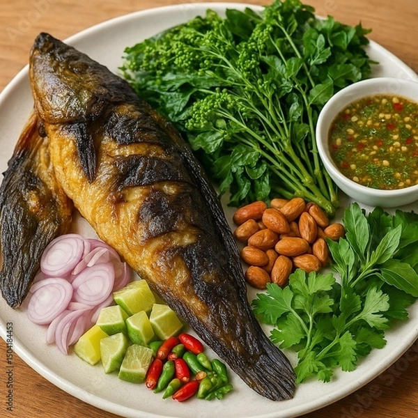 Fototapeta fried fish with vegetables