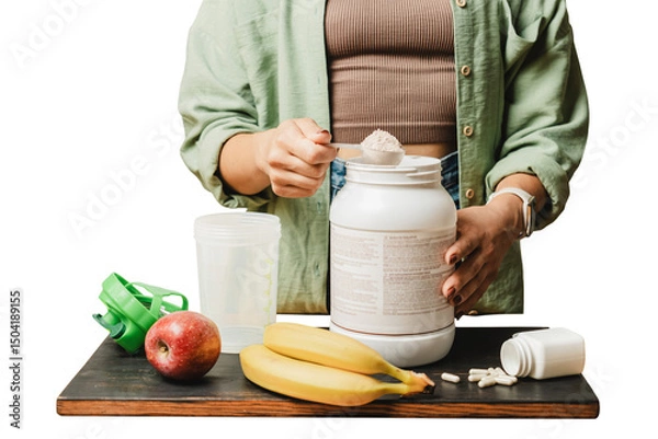 Obraz Woman preparing protein drink, holding measuring spoon with whey protein powder above plastic jar on wooden board with white capsules, shaker, bananas and apple. Isolated on a transparent background