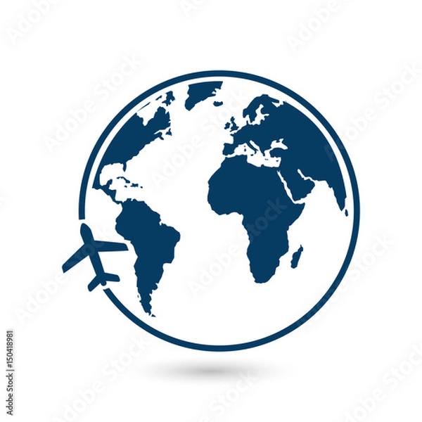 Obraz Airplane icon travel. Trip round the world. Flat design style.