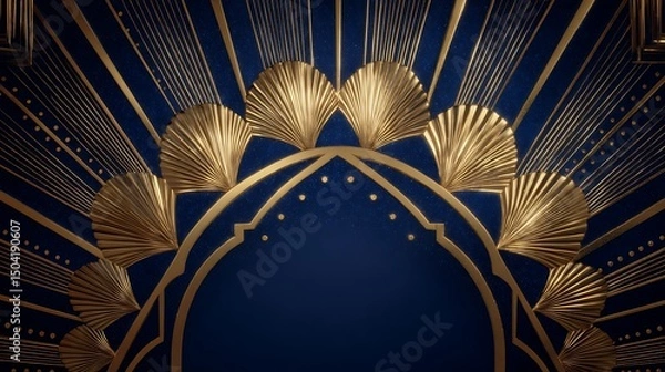 Fototapeta Golden art deco design with radiating lines and fan shapes on a dark blue textured background