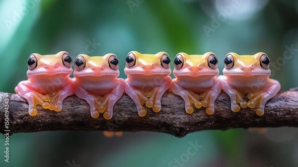 Fototapeta Colorful tiny tree frogs perched on branch with soft green and pastel blurred background.
