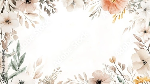 Fototapeta A Scandinavian-style watercolor illustration of a rectangular floral frame featuring soft minimalist florals in muted earthy tones, providing a clean and modern aesthetic 