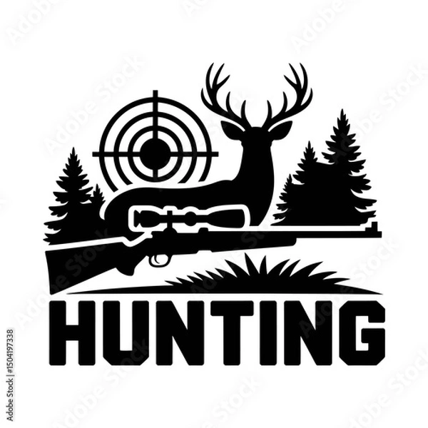 Fototapeta Hunting silhouette vector with deer standing near rifle, target sight, pine trees, outdoor hunting design, wildlife emblem, game hunting illustration, hunting logo, nature and sport hunting badge