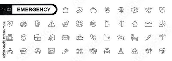 Obraz Emergency line editable stroke icons. Related SOS, safety, alarm, urgency, warning.  Vector illustration.