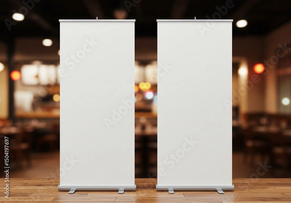 Fototapeta Roll- Up banner mockup. Blank Roll-Up Banner in a Grocery Store Setting. A modern, blank roll-up banner stands in a brightly lit grocery store aisle.