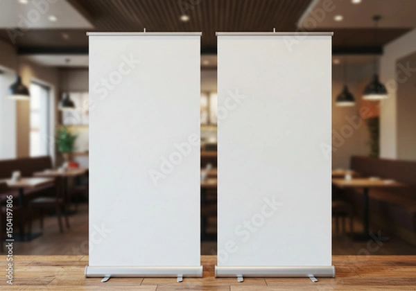 Obraz Roll- Up banner mockup. Blank Roll-Up Banner in a Grocery Store Setting. A modern, blank roll-up banner stands in a brightly lit grocery store aisle.